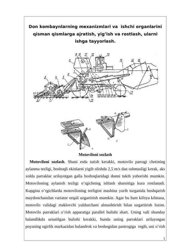 Don kombaynlarini mexanizmlari va ishchi organlarini qismlarga ajratish
