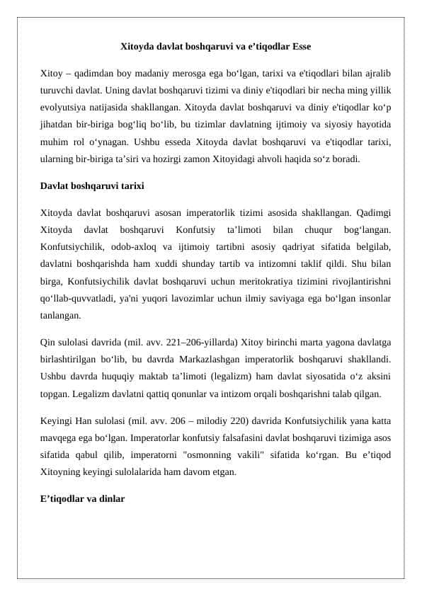 Xitoyda davlat boshqaruvi va e’tiqodlar Esse