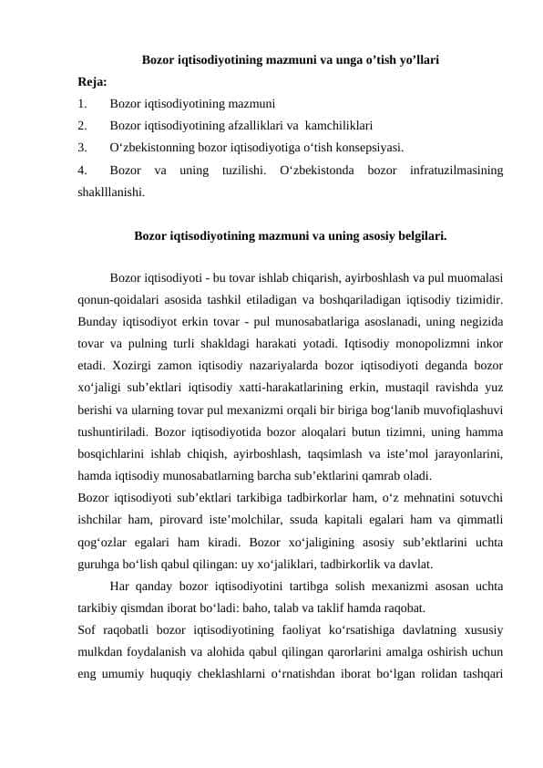Bozor iqtisodiyotining mazmuni va unga o'tish yo'llari