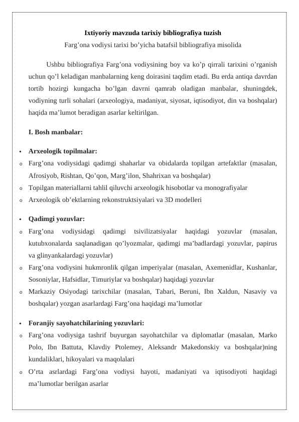 Ixtiyoriy mavzuda tarixiy bibliografiya tuzish farg'ona misolida