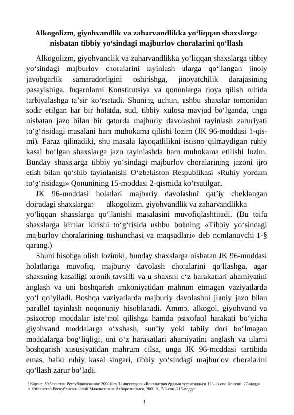 Alkogolizm, giyohvandlik va zaharvandlikka yo‘liqqan shaxslarga