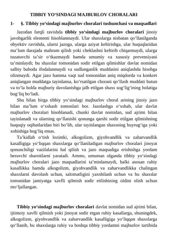 Tibbiy yo‘sindagi majburlov choralari tushunchasi va maqsadlari 24
