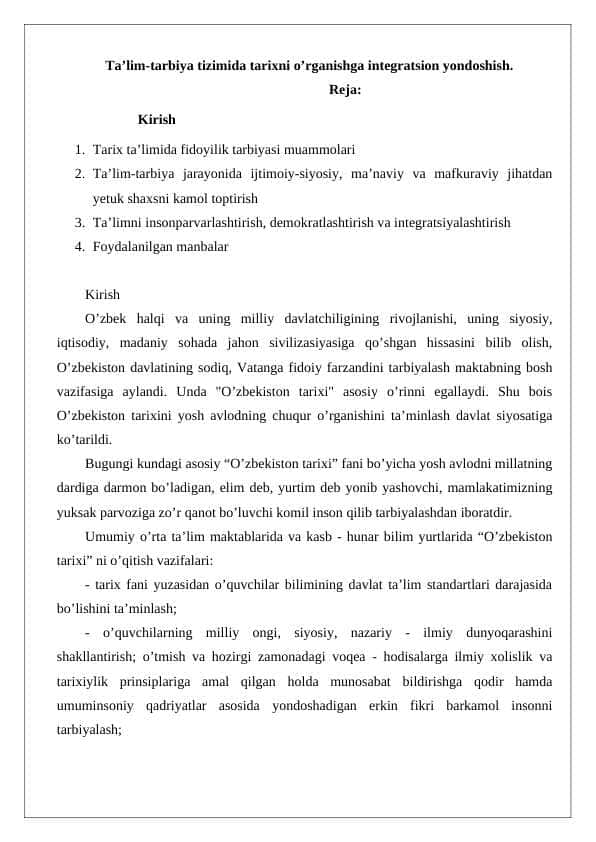 Ta’lim-tarbiya tizimida tarixni o’rganishga integratsion yondoshish. 24