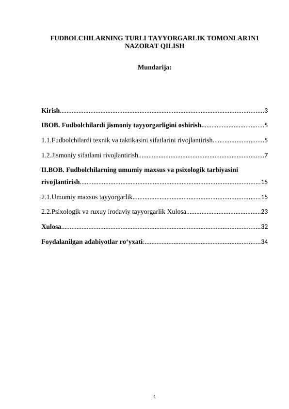 FUDBOLCHILARNING TURLI TAYYORGARLIK TOMONLARINI NAZORAT QILISH