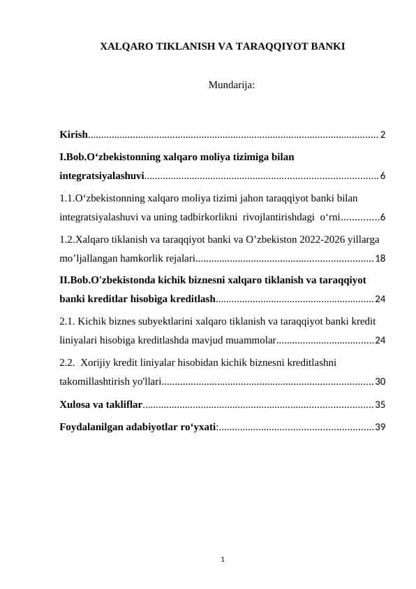 XALQARO TIKLANISH VA TARAQQIYOT BANKI