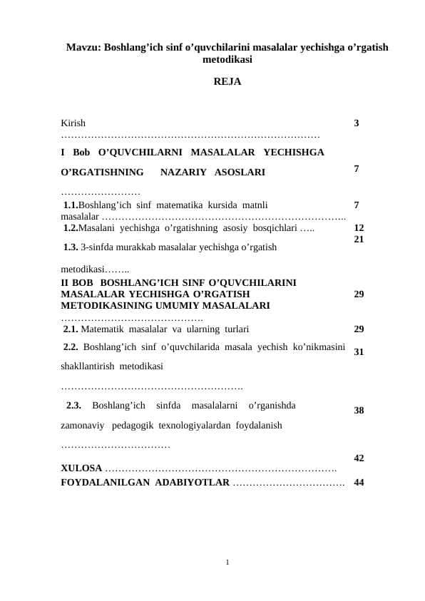 Boshlang’ich sinf o’quvchilarini masalalar yechishga o’rgatish metodikasi