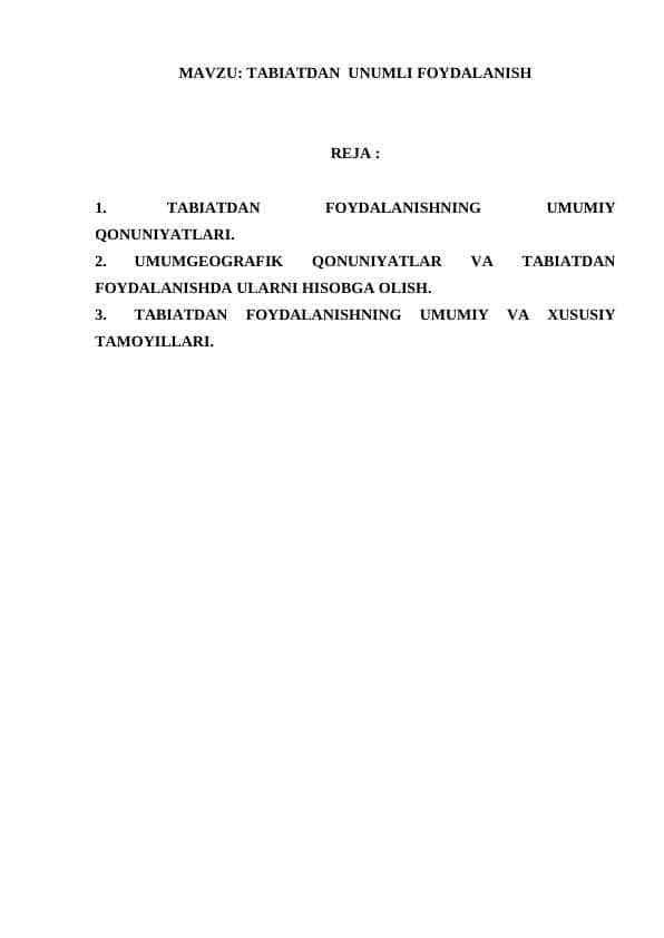 TABIATDAN UNUMLI FOYDALANISH