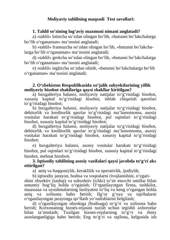 Moliyaviy tahlilning maqsadi Test savollari