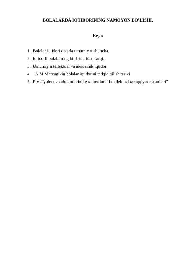 BOLALARDA IQTIDORINING NAMOYON BO’LISHI.