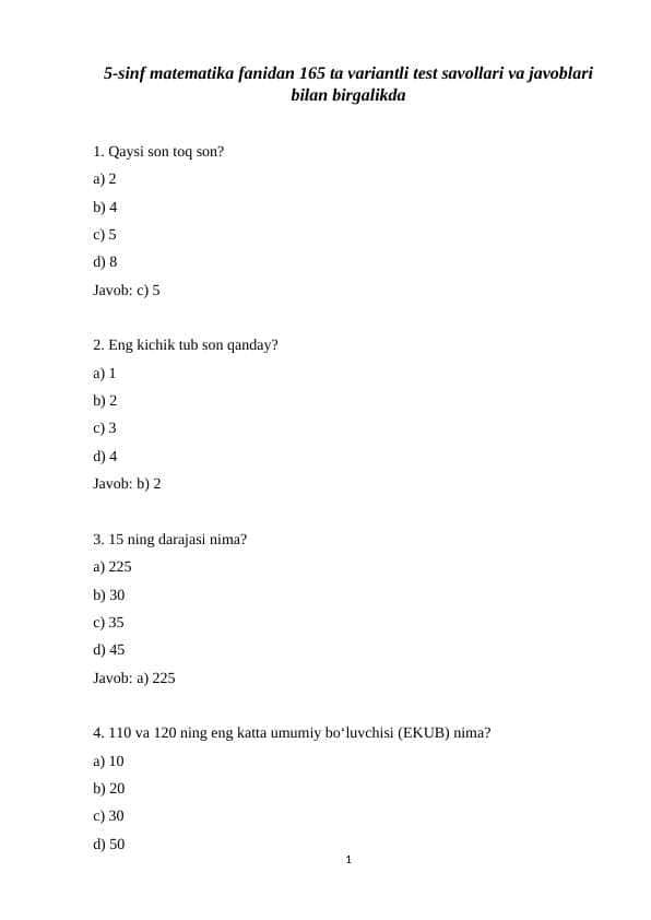 5-sinf matematika fanidan 165 ta variantli test savollari va javoblari bilan birgalikda