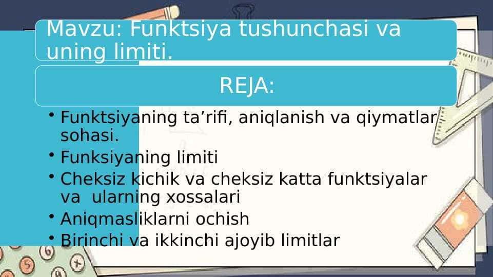 Mavzu Funktsiya tushunchasi va uning limiti.