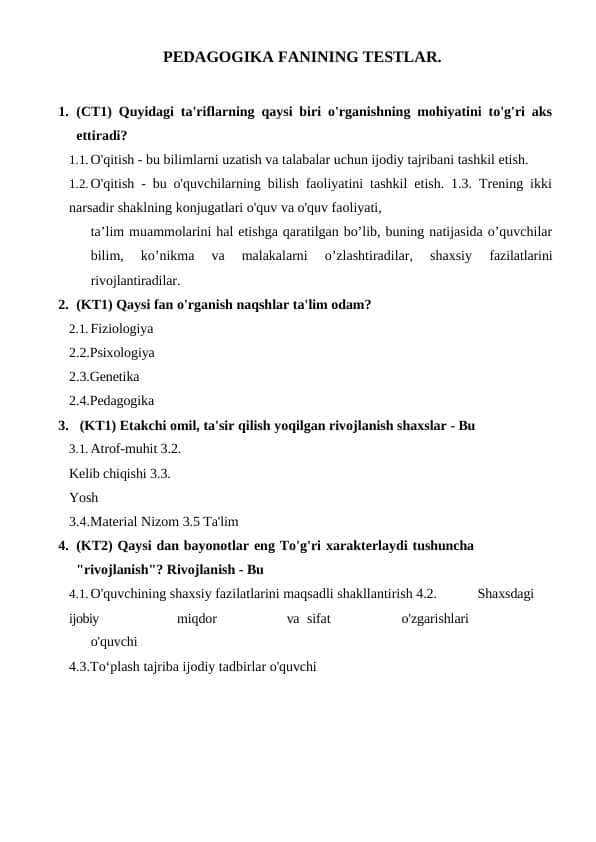 PEDAGOGIKA FANINING TESTLAR