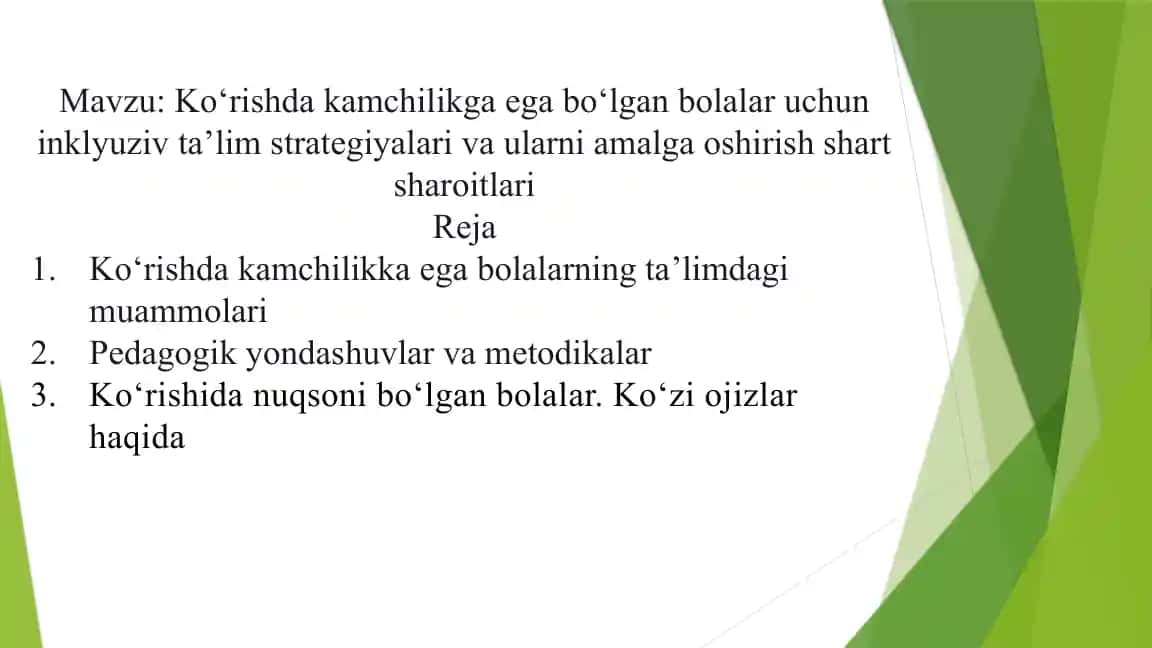 Ko‘rishda kamchilikga ega bo‘lgan bolalar uchun inklyuziv ta’lim strategiyalari va ularni amalga oshirish shart sharoitlari