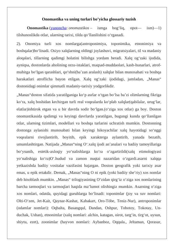 Onomastika va uning turlari bo’yicha glossariy tuzish 24