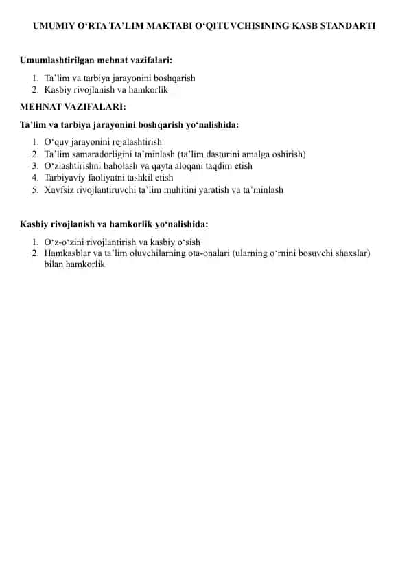 UMUMIY OʻRTA TAʼLIM MAKTABI OʻQITUVCHISINING KASB STANDARTI