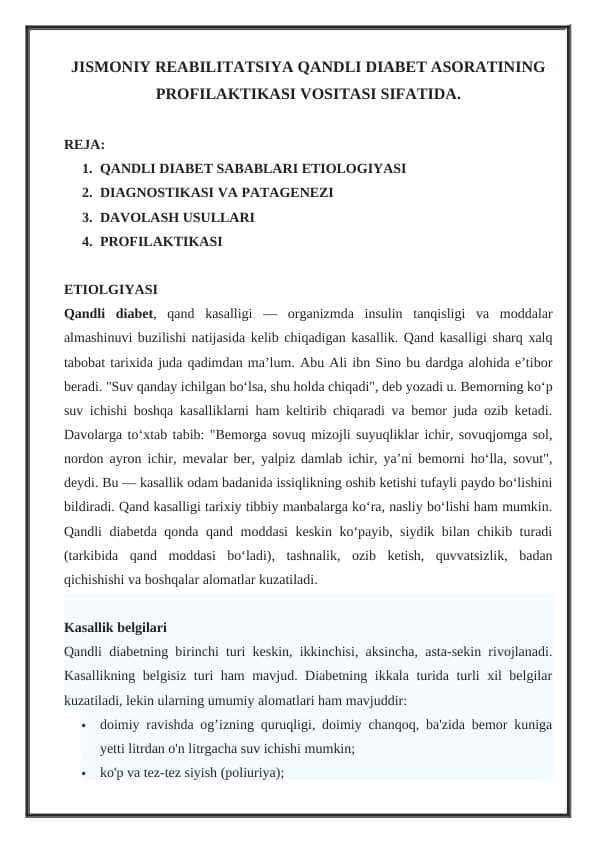 JISMONIY REABILITATSIYA QANDLI DIABET ASORATINING PROFILAKTIKASI VOSITASI SIFATIDA