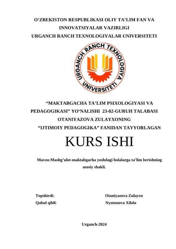 Mashg’ulot-maktabgacha yoshdagi bolalarga ta’lim berishning asosiy shakli.
