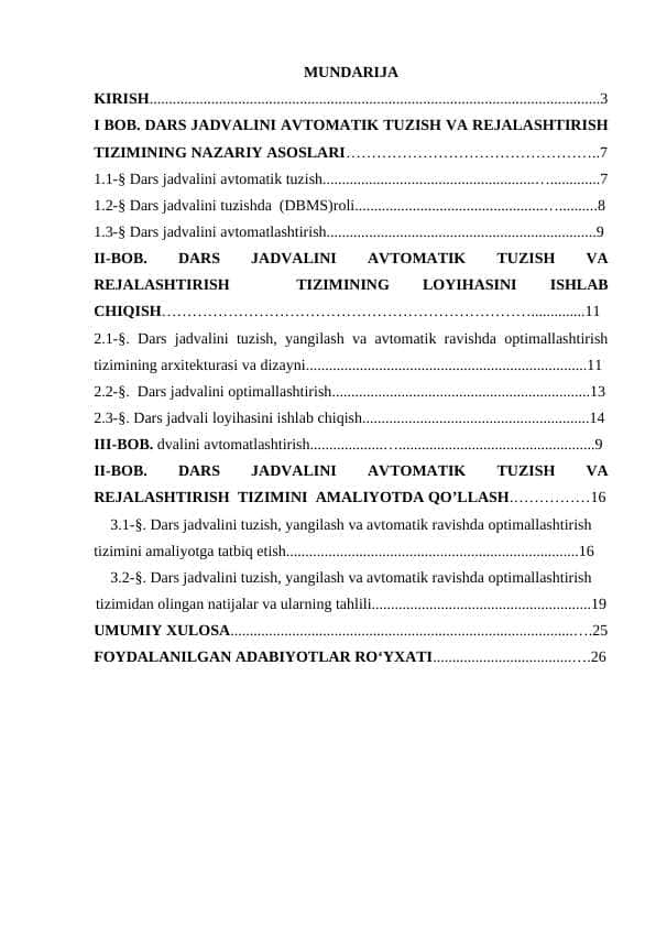 DARS JADVALINI TUZISH, YANGILASH VA AVTOMATIK RAVISHDA OPTIMALLASHTIRISH TIZIMI
