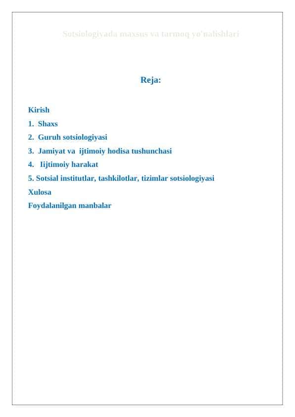 Sotsiologiyada maxsus va tarmoq yo'nalishl.