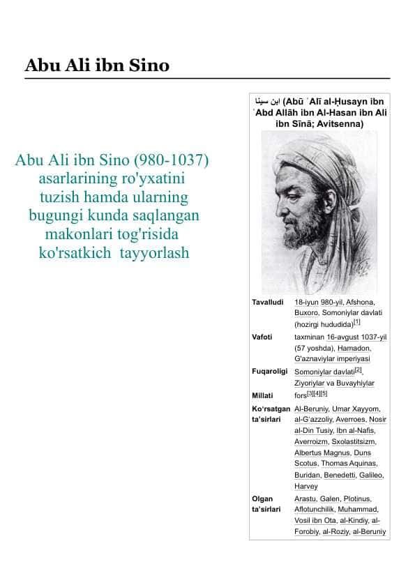 Abu Ali ibn Sino (980-1037) asarlarining ro'yxatini tuzish hamda ularning bugungi kunda saqlangan makonlari tog'risida ko'rsatkich tayyorlash