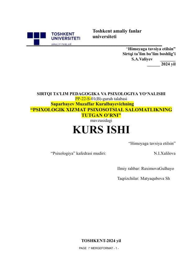 PSIXOLOGIKXIZMATPSIXOSOTSIALSALOMATLIKNING TUTGANO’RNI