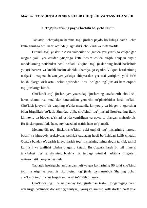 TOG‘ JINSLARINING KELIB CHIQISHI VA TASNIFLANISHI