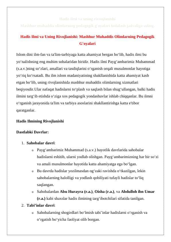 Hadis ilmi va uning rivoojlanishi mashhur muhaddis olimlarning pedagogik g'oyalari toifalsh jadvali