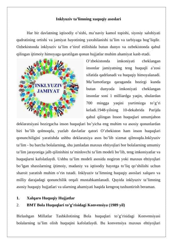 Inklyuziv ta’limniInklyuziv ta’limning xuquqiy asoslari konspektng xuquqiy asoslari konspekt