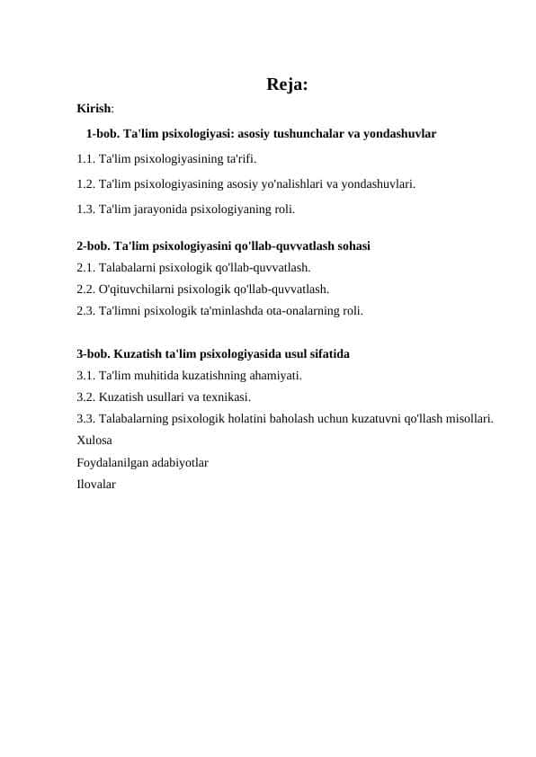 Ta’lim psixologiyasi qo’llab quvvatlash maydoni kuzatuv maydoni ta’limni psixologik taminlashga extiyoj tug’diradigan omillar