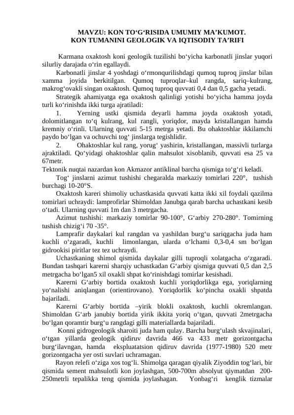 KON TO‘G‘RISIDA UMUMIY MA’KUMOT. KON TUMANINI GEOLOGIK VA IQTISODIY TA’RIFI
