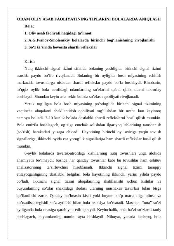 ODAM OLIY ASAB FAOLIYATINING TIPLARINI BOLALARDA ANIQLASH