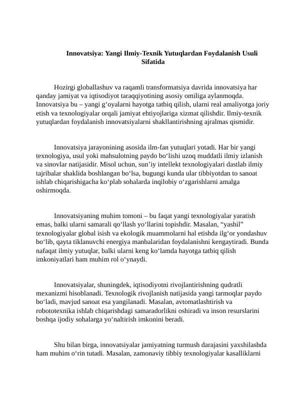 Innovatsiya. Yangi Ilmiy-Texnik Yutuqlardan Foydalanish Usuli Sifatida 2 ESSE