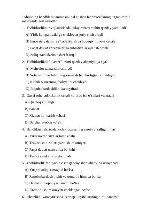 Aholining bandlik muammosini hal etishda tadbirkorlikning tutgan o