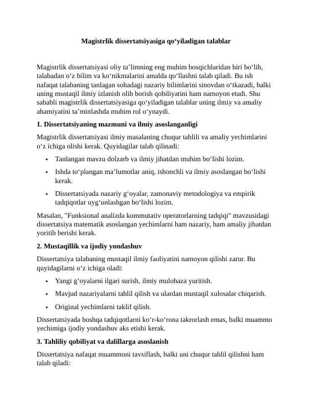 Magistrlik dissertatsiyasiga qo‘yiladigan talablar 3 ESSE