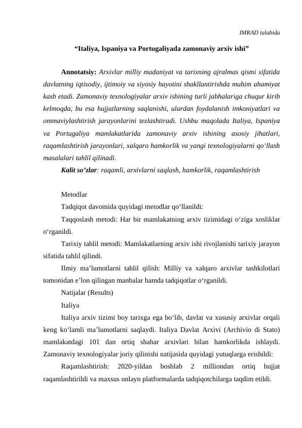 “Italiya, Ispaniya va Portugaliyada zamonaviy arxiv ishi”
