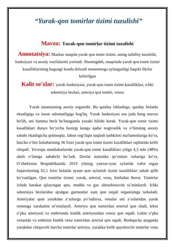 Yurak-qon tomirlar tizimi tuzulishi