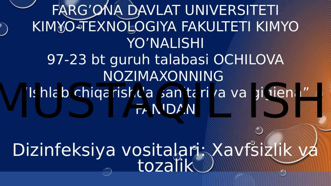 DIZINFEKSIYA VOSITALARI VA USULLARI