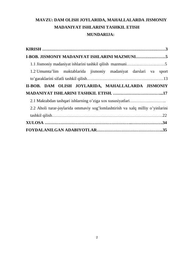 Dam olish joylarida mahallalarda jismoniy madaniyat ishlarini tashkil etish