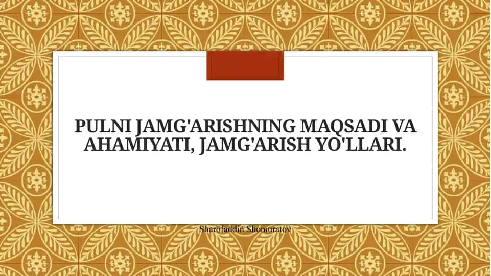 Pulni jamg'arishning maqsadi va ahamiyati, jamg'arish yo'llari.