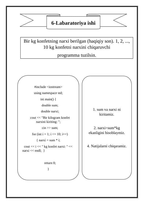 Bir kg konfetning narxi berilgan (haqiqiy son). 1, 2, ..., 10 kg konfetni narxini chiqaruvchi programma tuzilsin.