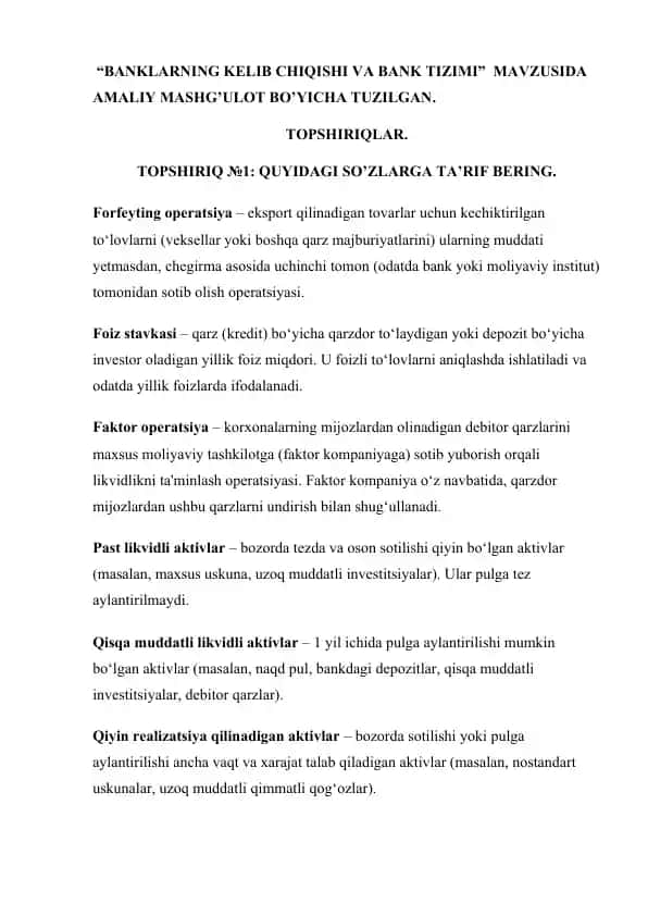 BANKLARNING KELIB CHIQISHI VA BANK TIZIMI