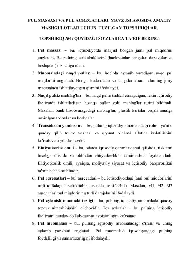 PUL MASSASI VA PUL AGREGATLARI MAVZUSI ASOSIDA AMALIY MASHGULOTLAR UCHUN TUZILGAN TOPSHIRIQLAR