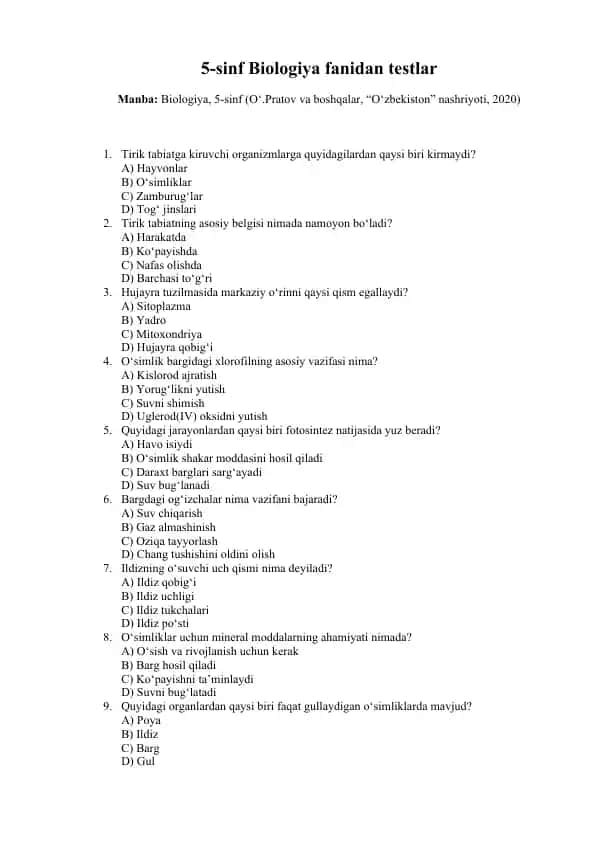 5-sinf darsligi bo'yicha 100talik test (javoblari bilan)