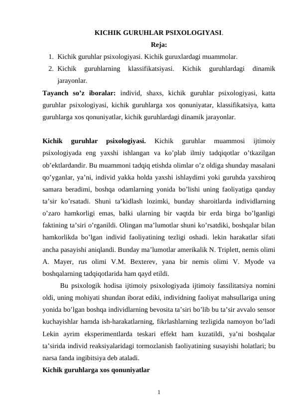 KICHIK GURUHLAR PSIXOLOGIYASI