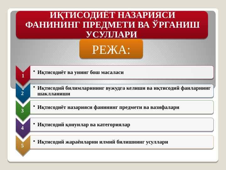 ИҚТИСОДИЁТ НАЗАРИЯСИ ФАНИНИНГ ПРЕДМЕТИ ВА ЎРГАНИШ УСУЛЛАРИ