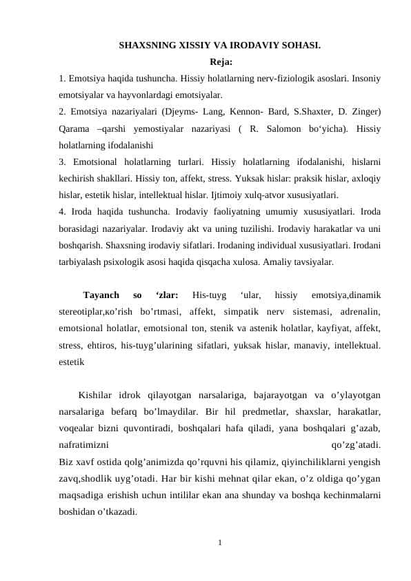 SHAXSNING XISSIY VA IRODAVIY SOHASI