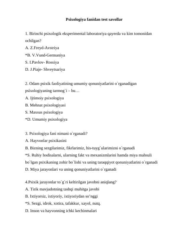 Psixologiya fanidan test savollar