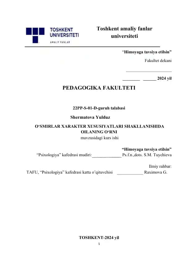 O‘SMIRLAR XARAKTER XUSUSIYATLARI SHAKLLANISHIDA OILANING O‘RNI