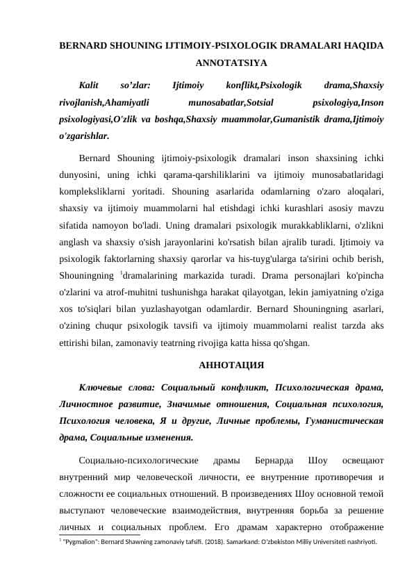 BERNARD SHOUNING IJTIMOIY-PSIXOLOGIK DRAMALARI HAQIDA