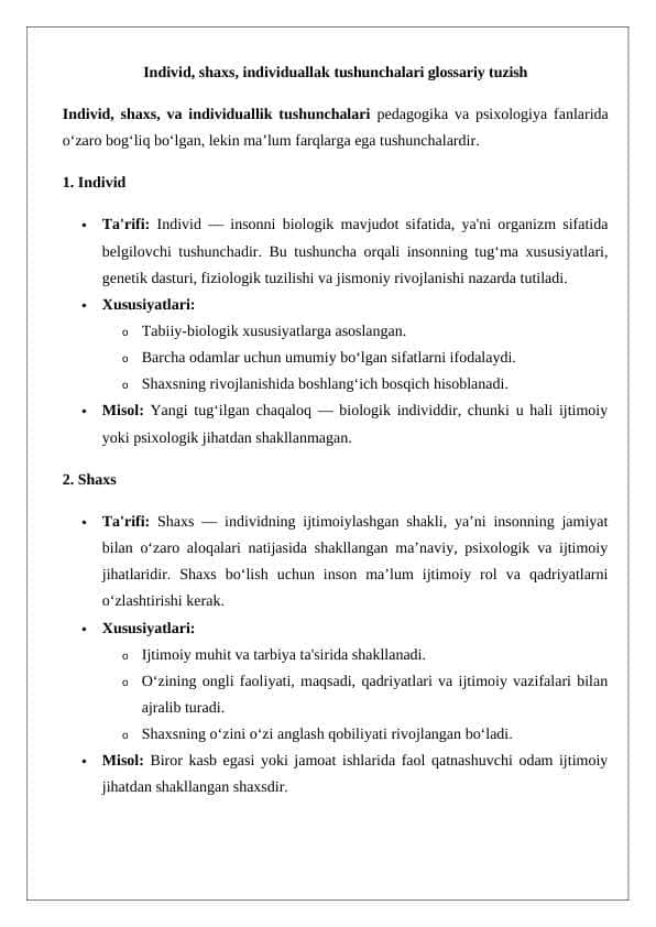 Individ, shaxs, individuallak tushunchalari glossariy tuzish